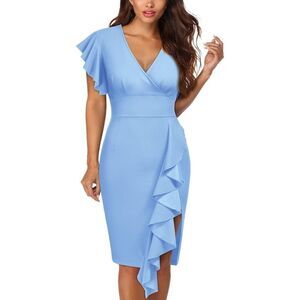 Knitee Women's Deep-V Neck Ruffle Sleeves Cocktail Party Pencil Formal Dress
